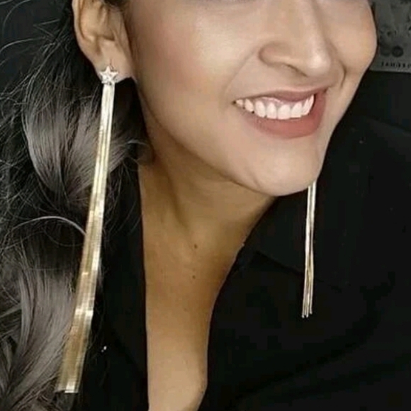 💖 2/$30 Shooting Star rhinestone boho stud long gold tone tassel drop earrings - Picture 8 of 17